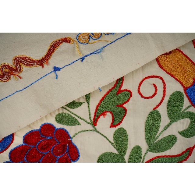 Uzbek Suzani Embroidery | Colorful Bird & Floral Motif Wall Tapestry Art 1'4'' X 3'1'' For Sale - Image 9 of 10