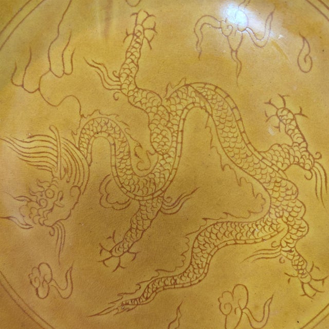Early 20th Century Chinese Ceramic Plate,Hongzhi Marked Yellow Glaze Porcelain Plate Hand Carved Dragon Pattern For Sale - Image 9 of 10