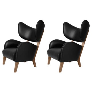 Set of Black Leather Smoked Oak My Own Chair Lounge Chairs by Lassen For Sale