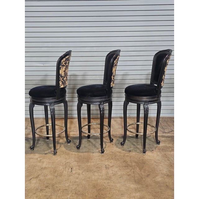 Set of 3 Casa Stradivari Ebonized Designer Swivel Counter Stools Bar Stools For Sale In Cleveland - Image 6 of 12