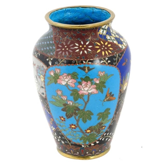 Antique Meiji Period Japanese Cloisonne Enamel Vase With Geometric Patterns Garden Scenes For Sale - Image 4 of 7