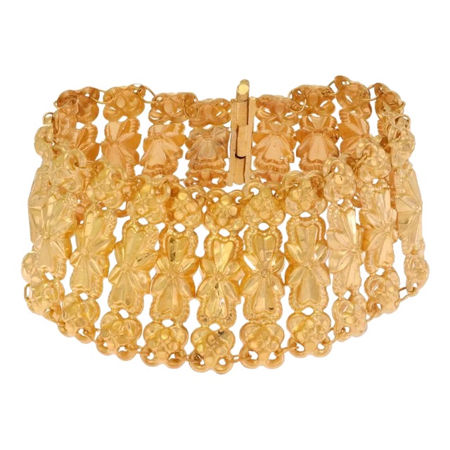 Vintage 22k Gold Bracelet Embossed Long Flower Link 32mm Wide For Sale