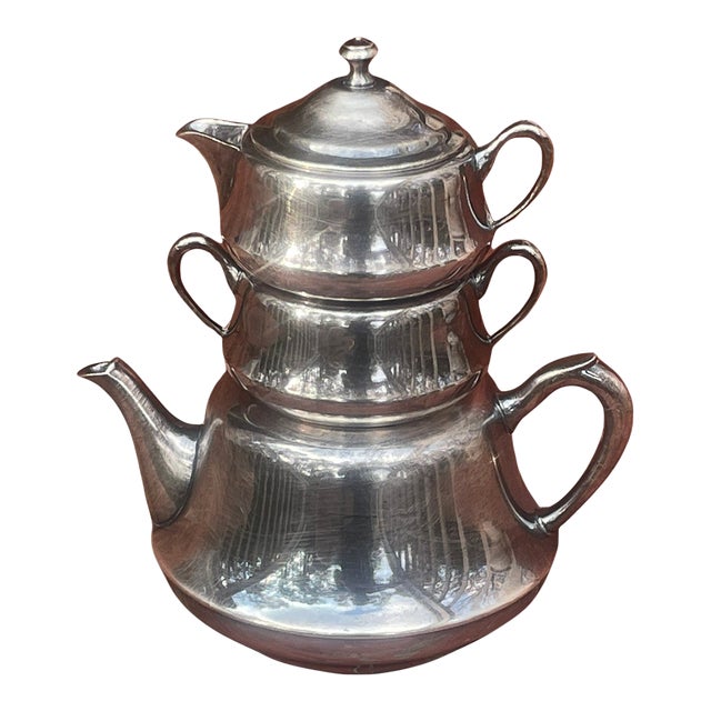 Vintage Stacking Silver Plate Tea Service | Mid-Century Modern Streamline Teapot Set For Sale