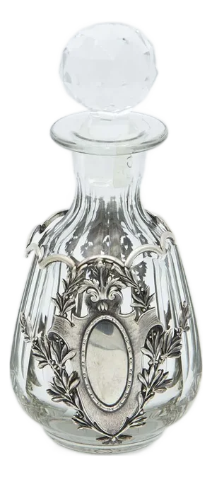 Liquor Bottle in Cut Glass with Silver Column Applications, Flowers, Hanging Branches and Monogram Card