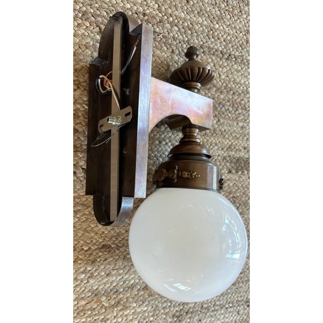 Pair of Large Traditional Brass Sconces With White Glass Ball Shades Circa 1920 For Sale - Image 4 of 6