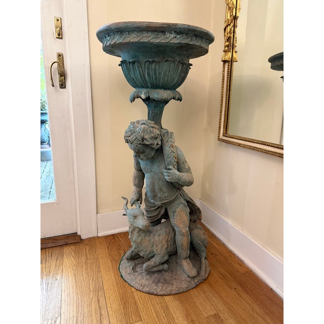 Green 19th Century Neoclassical Style Bronze Garden Urn Featuring a Boy With a Goat For Sale - Image 8 of 10