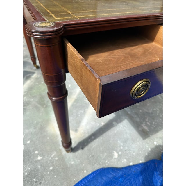 Vintage Baker Furniture Mahogany & Tooled Leather Partner's Writing Desk – "Crown & Tulip" Era For Sale - Image 10 of 12