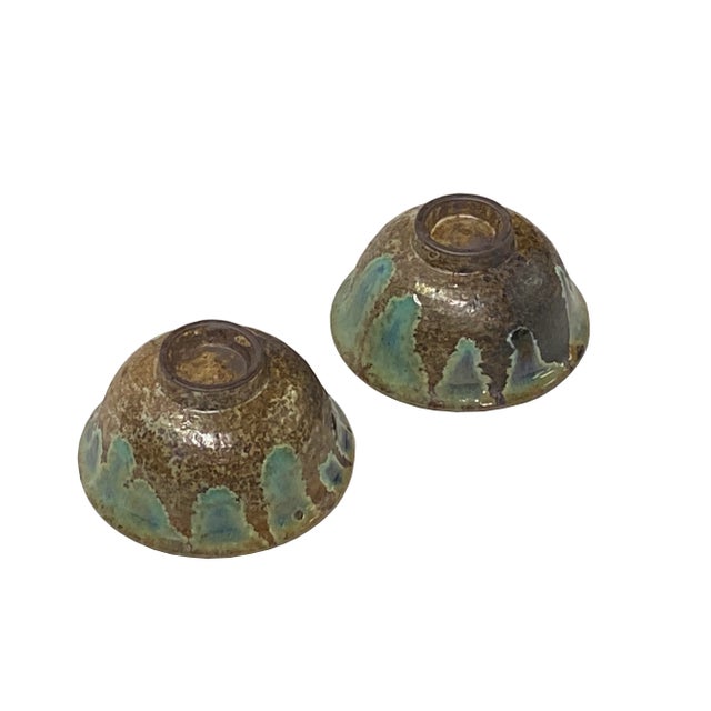 Pair Chinese Ceramic Bronze Brown Turquoise Glaze Cup Display Art For Sale - Image 4 of 5