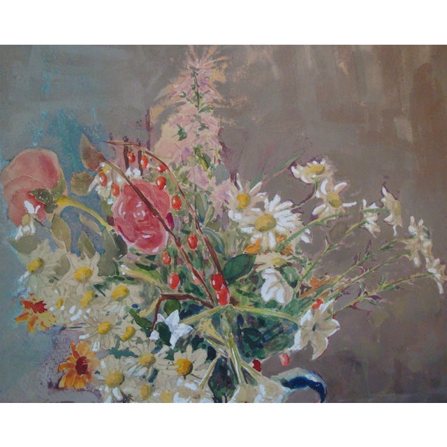 Vintage midcentury modern era watercolor painting done on off-white heavy art paper depicting a casual spring bouquet with...