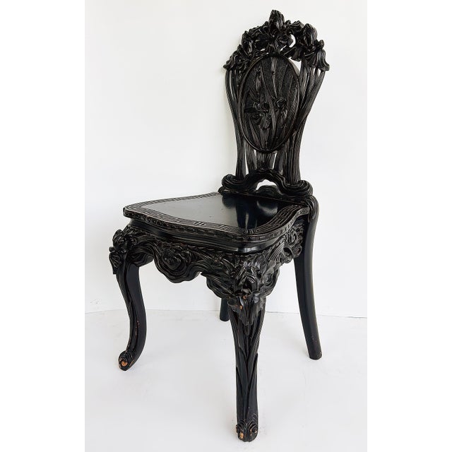 Chinoiserie Early 20th Century Chinese Heavily Carved Ebonized Chair With Art Nouveau Influence, Greek Key Trim For Sale - Image 3 of 15