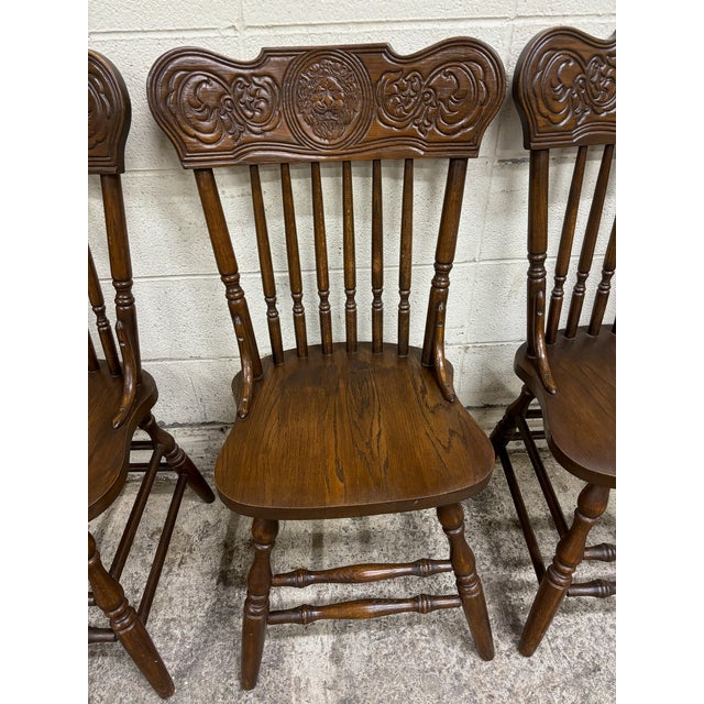 Vintage Oak Lion Head Press Back Traditional Dining Chairs - Complete Set of 4 For Sale - Image 9 of 11