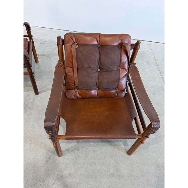 Brown Mid Century Arne Norell Sirocco Rosewood and Brown Leather Safari Chair Pair For Sale - Image 8 of 12