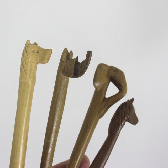 Vintage Carved Animal Wood Condiment or Sugar Spoons- Set of 4 For Sale - Image 9 of 10