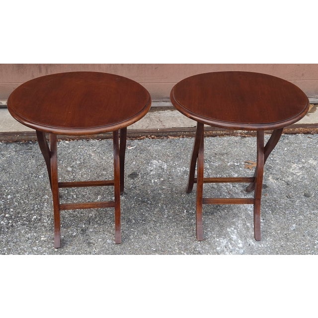 Arts & Crafts Pair Late 20th Century Folding-Form Mahogany Butler Wine Tables or Candle Stands For Sale - Image 3 of 11