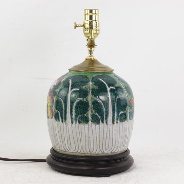 Early 20th Century Antique Famille Rose Porcelain Bok Choy Table Lamp With Cabbage Leaf and Butterfly Motif For Sale - Image 5 of 15