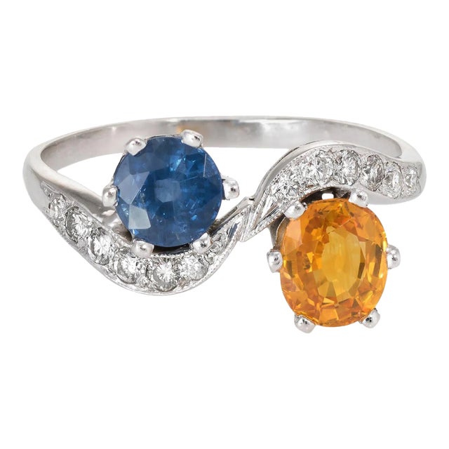 Natural Sapphire Diamond Bypass Ring Vintage 18 Karat White Gold size 8.25 For Sale