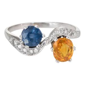 Natural Sapphire Diamond Bypass Ring Vintage 18 Karat White Gold size 8.25