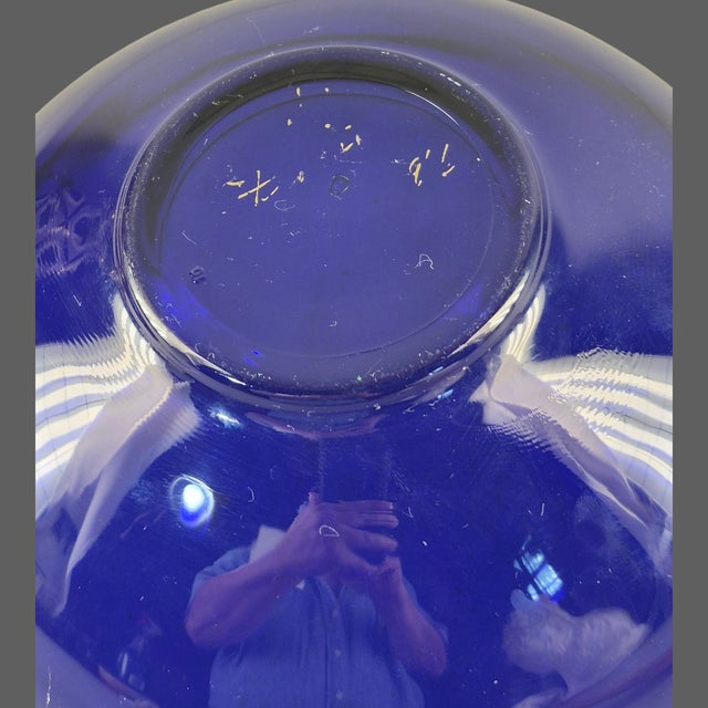 Vintage Cobalt Blue Gilded Rim Glass Serving Bowl For Sale - Image 6 of 8