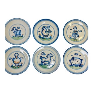 Vintage m.a. Hadley Stoneware Country Scene Blue - Set of 6 Dinner Plates For Sale