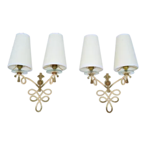 French Wrought Iron & Round Glass Sconces Cone Shades, Wall Lights Art Deco 1950