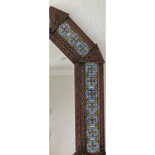 Burnt Umber Circa 2005 Mexican Bronzed Hojalata (Tin Art Work) & Talavera Tile Mirror - Hangs Vertically or Horizontally For Sale - Image 8 of 14
