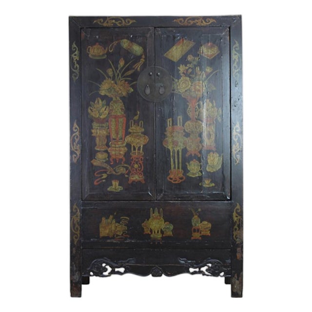Hand Painted Flower 2 Panel Doors Antique Chinese Cabinet For Sale