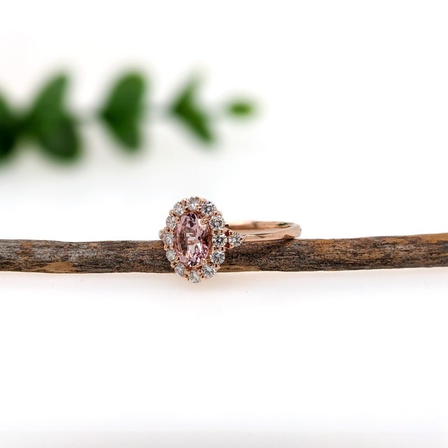 Pink Morganite Ring With Natural Diamond Halo: Solid 14k Gold, Oval 7x5mm, Size 6.75 For Sale - Image 4 of 6