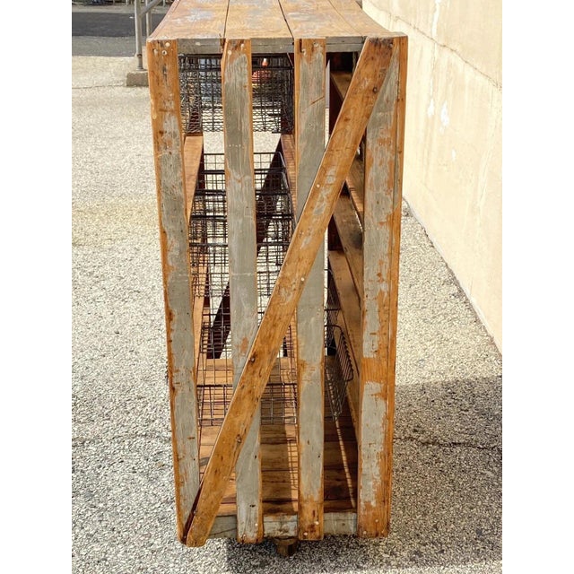 Antique Industrial Distress Gray Wooden Rolling Shelf Storage Cart Store Display For Sale In Philadelphia - Image 6 of 12