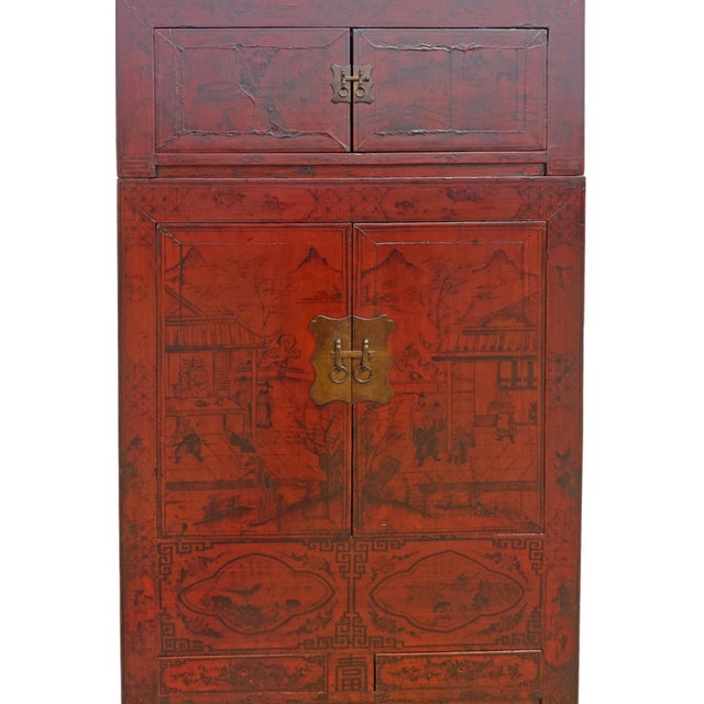 Red 96" Tall Red Lacquer Antique Chinese Chinoiserie-Style Cabinet For Sale - Image 8 of 8