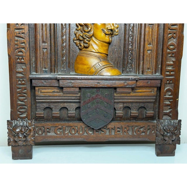 Wood Antique Wall Sculpture Portrait Colonel Sir Edward Massey, Governor of Gloucester 1642 Carved in the Manner of Sir George Gilbert Scott For Sale - Image 7 of 18