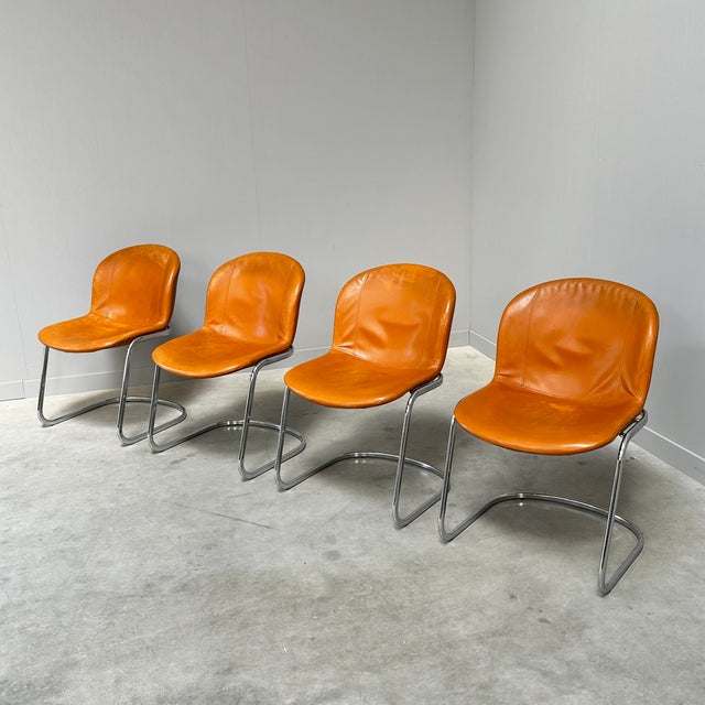 Mid-Century Modern Cognac Leather Dining Chairs by Gastone Rinaldi for Thema Italy, 1970s, Set of 4 For Sale - Image 3 of 11