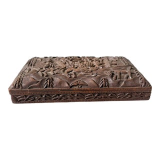 Antique Hard Carved Wooden Trinket Box For Sale