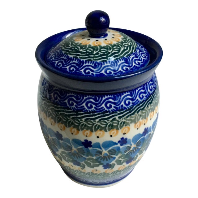 Maria Starzyk Blue Hand Painted Ceramic Jar For Sale