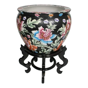 Vintage Chinoiserie Black Floral Koi Fish Bowl Planter With Stand