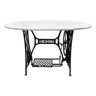 Antique Cast Iron Singer Treadle Sewing Machine Base Oval Marble Console Table For Sale