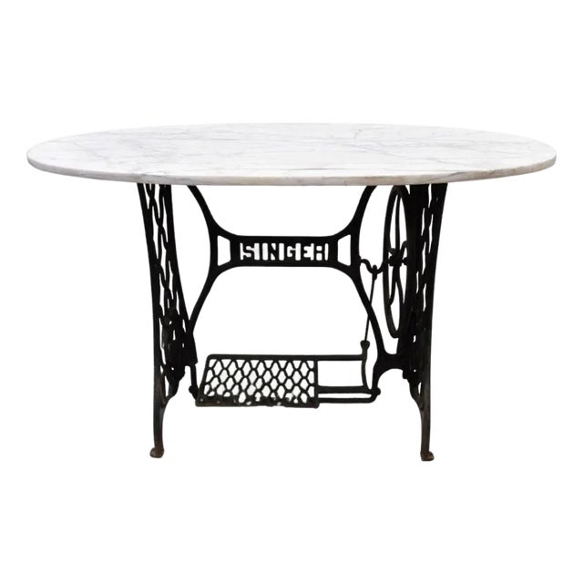 Antique Cast Iron Singer Treadle Sewing Machine Base Oval Marble Console Table For Sale
