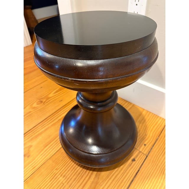 Vintage MCM attributed to John Stuart mahogany chess piece side or drink table with polished black stone top. Table is not...