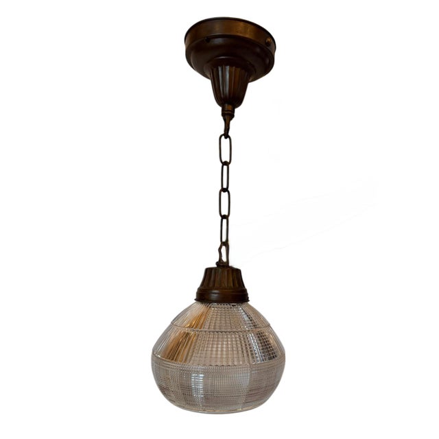 Early 20th Century Pair of Prismatic and Ribbed Holophane Glass Pendants Circa 1920’s For Sale - Image 5 of 7