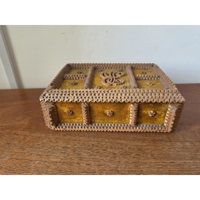 Antique Tramp Art Box Hand Carved Folk Art Keepsake Box Monogram R Velvet Jewelry Box Primitive Wooden Storage Decor For Sale - Image 10 of 15