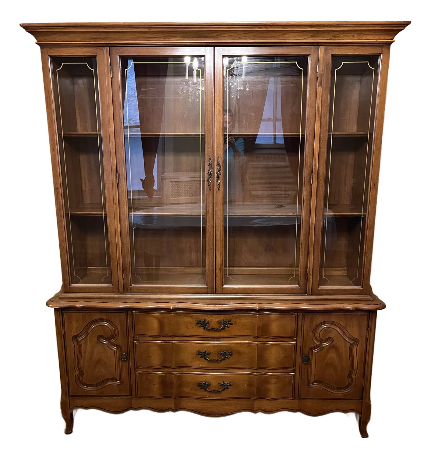 1960s French Provincial China Cabinet Vintage 60's Glass Doors