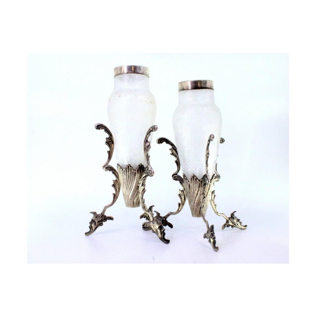 Silver and Frosted Glass Vases with Floral Reliefs, Applications and God-Shaped Cut-Out Feet, Set of 2 For Sale - Image 5 of 7