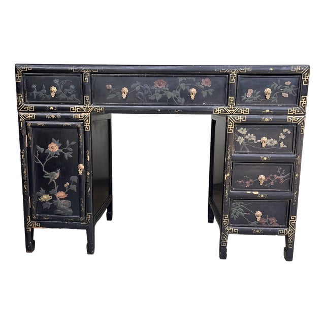 1920s Chinoiserie Three Piece Black Lacquer Desk With Hard-Stone Inlay For Sale
