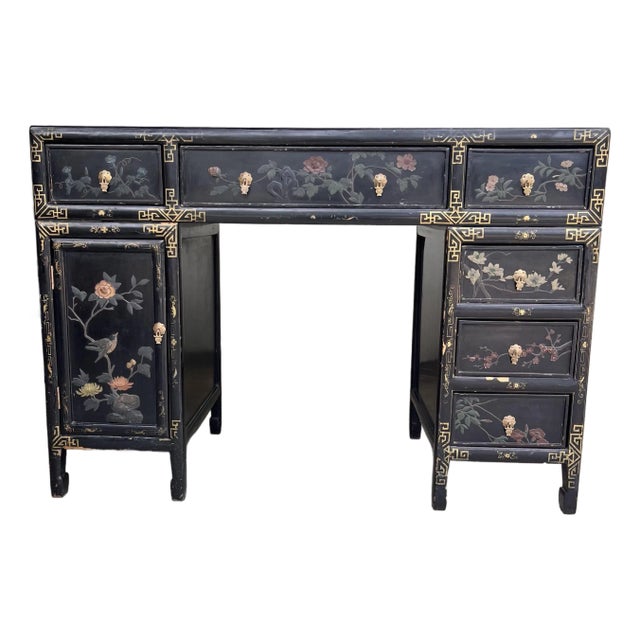 1920s Chinoiserie Three Piece Black Lacquer Desk With Hard-Stone Raised Inlay For Sale