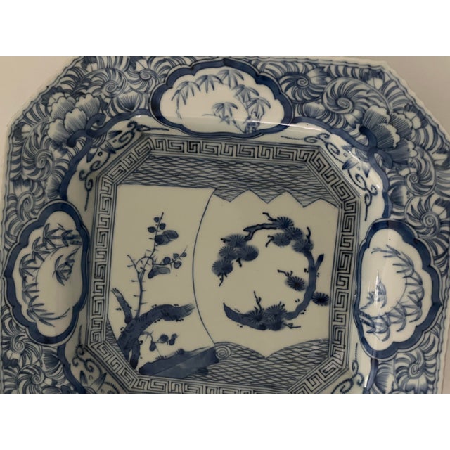 Antique Japanese Ko-Imari Blue and White Octagonal Plate With Landscape For Sale - Image 16 of 18