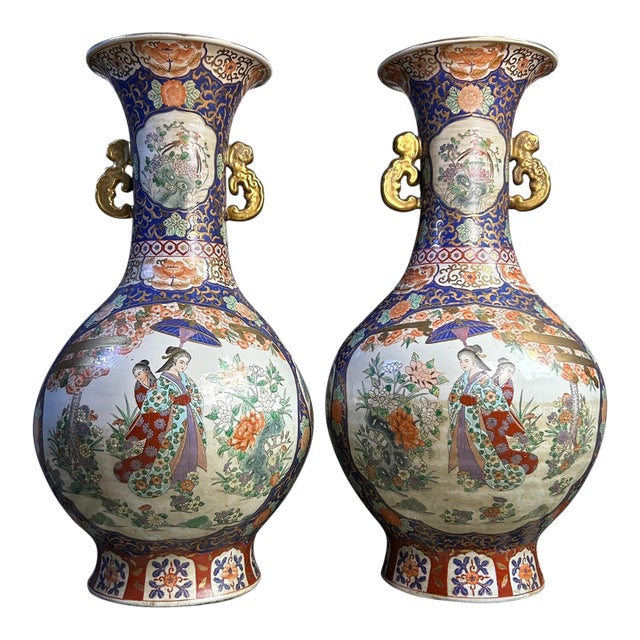 Tall Floor Baluster Form Chinese Porcelain Vase Pair, Chinoiserie 33" For Sale