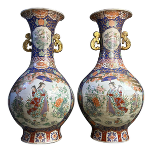 Tall Floor Baluster Form Chinese Porcelain Vase Pair, Chinoiserie 33"