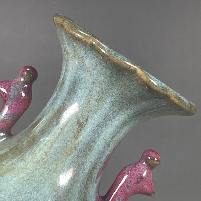 Vintage Flambé Glaze Double-Handled Vase With Bird Motifs - 7" Tall For Sale In New York - Image 6 of 9