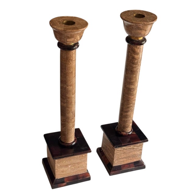 Brown Late 20th Century Neoclassical Travertine Candlestick Holders, Pair For Sale - Image 8 of 9