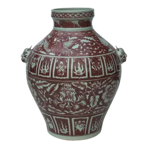 Vintage Copper Red Phoenix Flower Graphic Foo Dog Ear Ceramic Fat Pot Vase