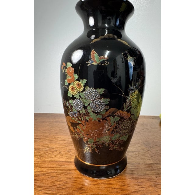 Japanese Hand Painted Vase 8” Black With Gold Rim & Floral Design Collectible For Sale In Philadelphia - Image 6 of 10
